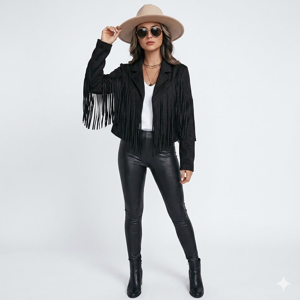 Fringe Lapel Cropped Suede Jacket