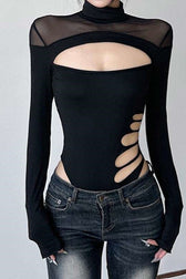 Asymmetrical Cutout Mesh Turtleneck Slim Bodysuit