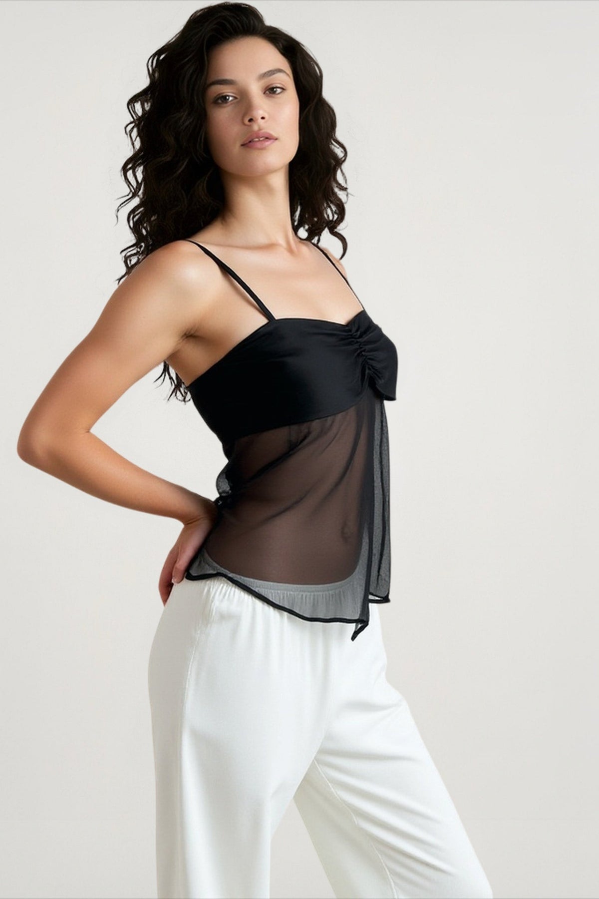 Sheer Mesh Ruched Bust Ruffle Hem Spaghetti Strap Cami Top 2