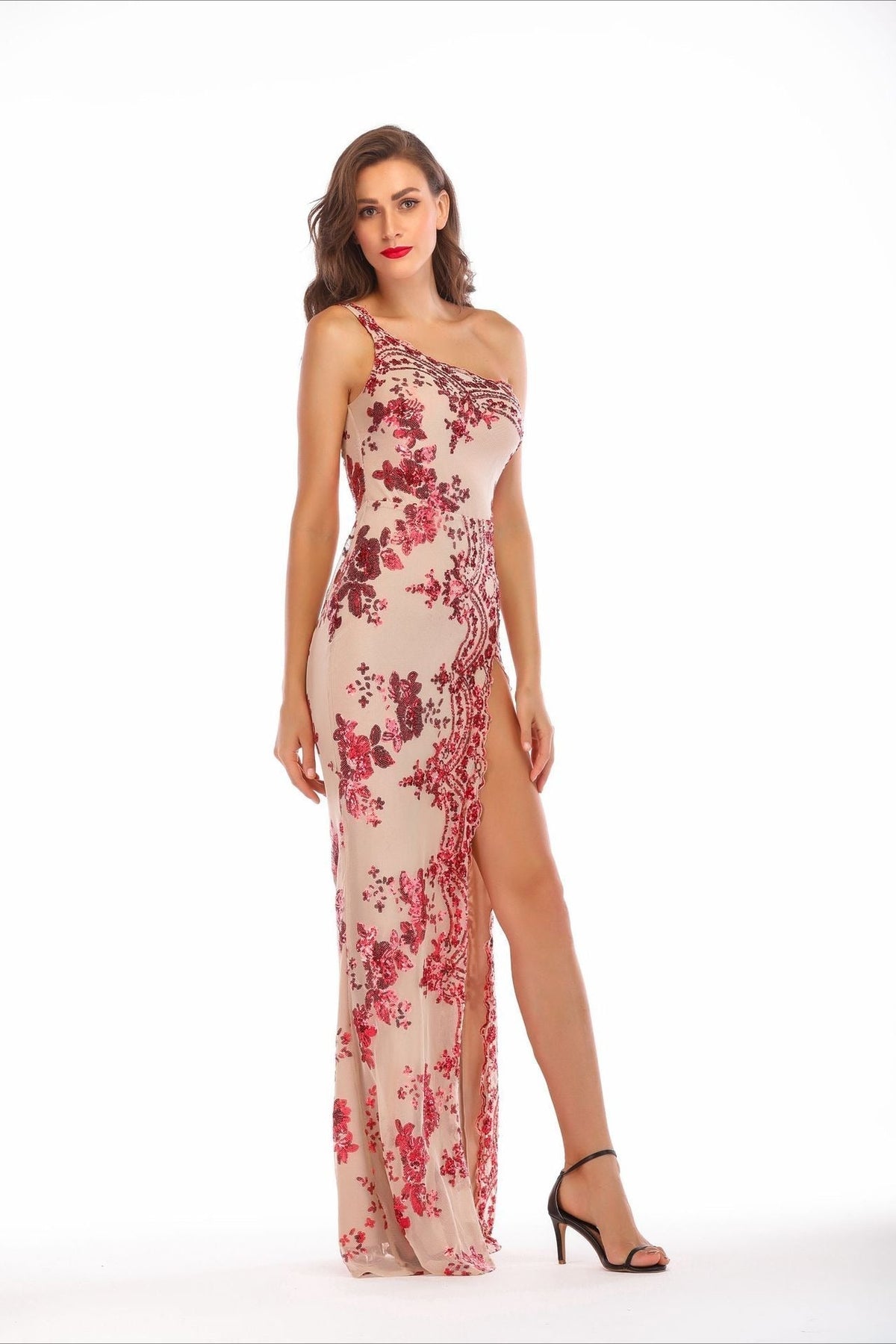 Sequin One Shoulder Sheer Mesh High Split Maxi Gown - View 8
