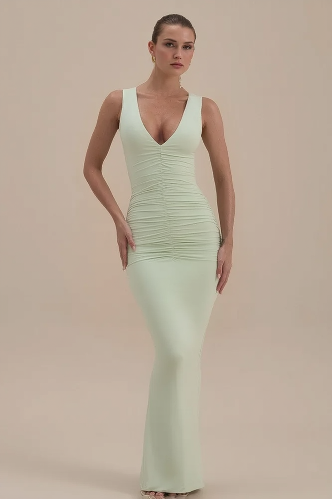 Sleeveless V Neck Ruched Back Slit Bodycon Party Dress