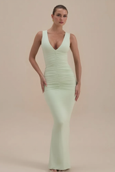 Sleeveless V Neck Ruched Back Slit Bodycon Party Dress
