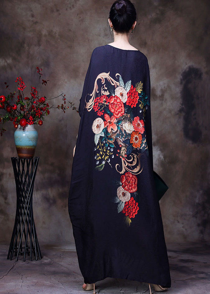 Vertical Floral Embroidery Batwing Sleeve Round Neck Tassel Hem Caftan Maxi Dress