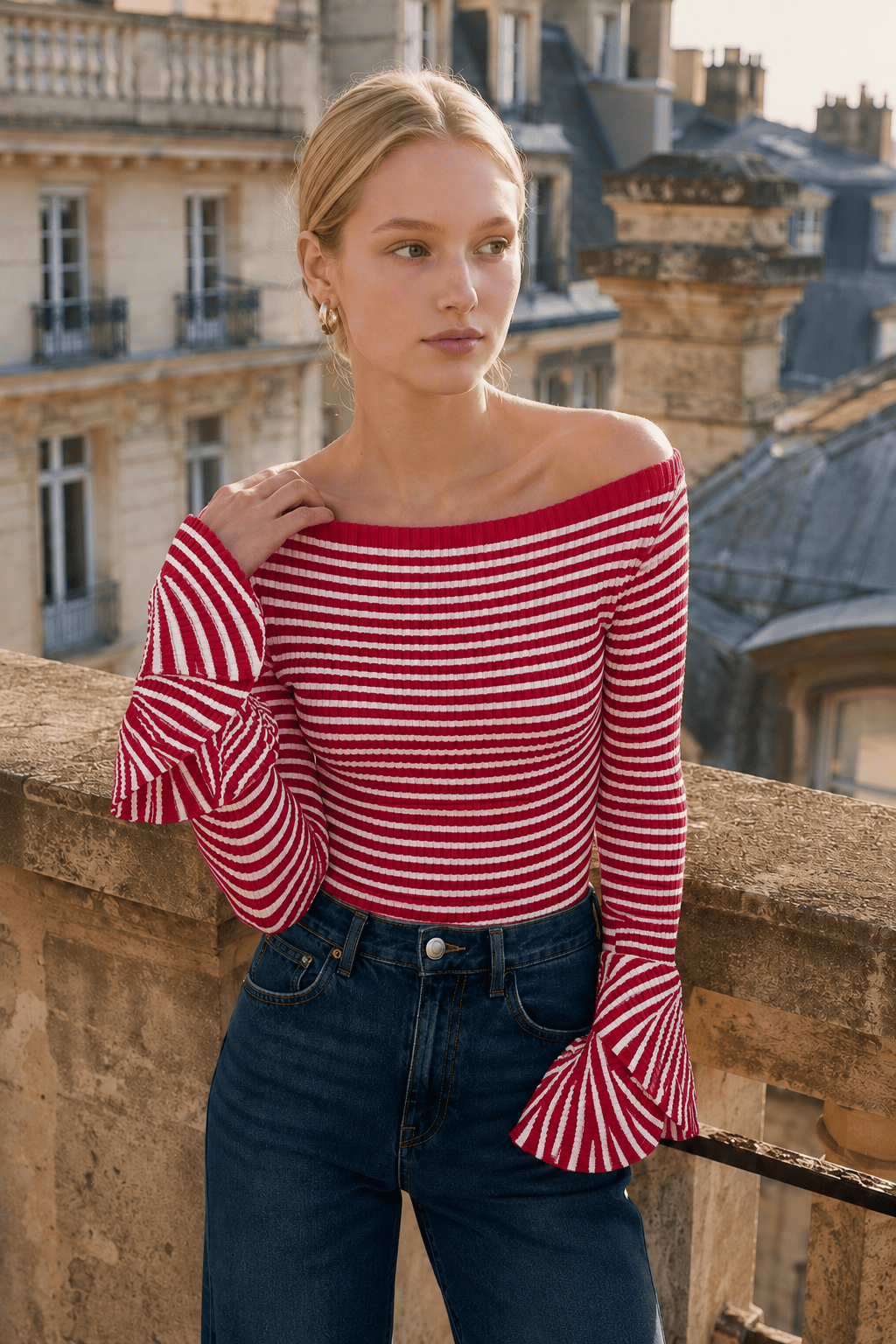 Striped Ruffle-Sleeve Knit Top
