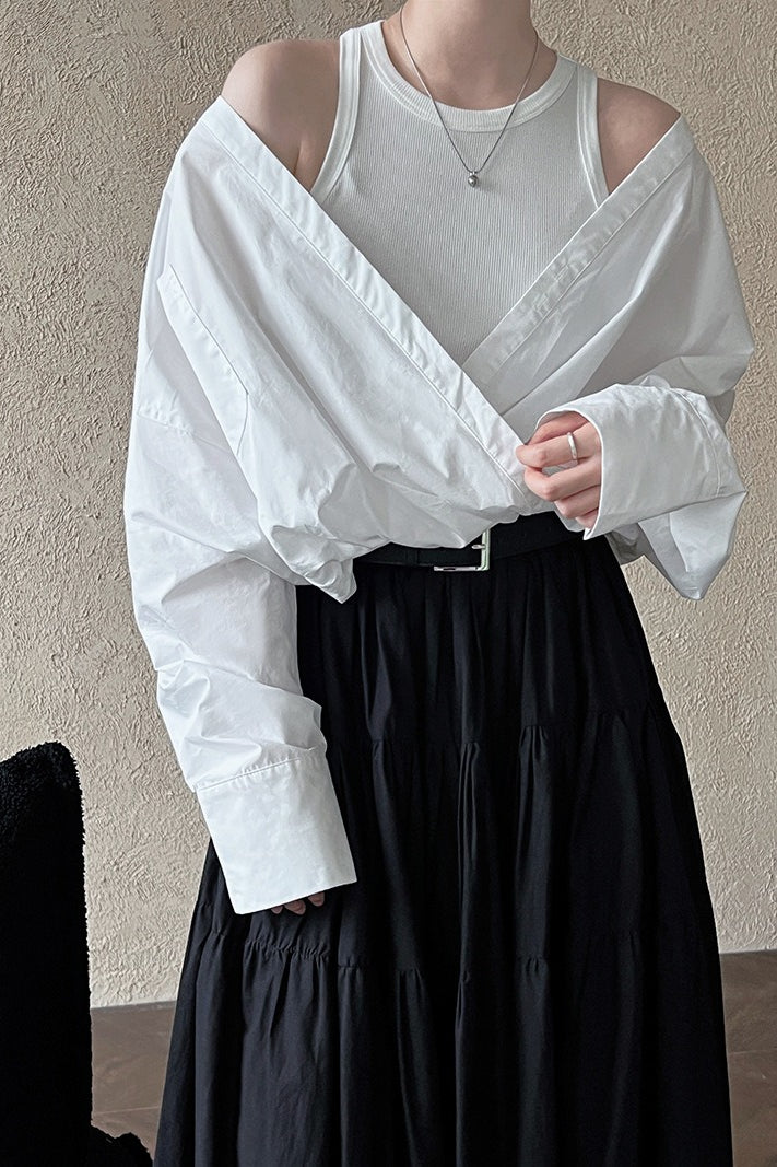 Off Shoulder Structured Peplum Mock Two Piece Blouse