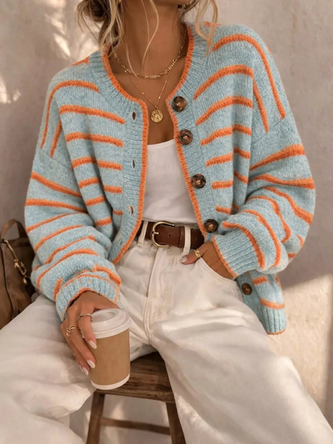 Striped Button-Down Knit Cardigan