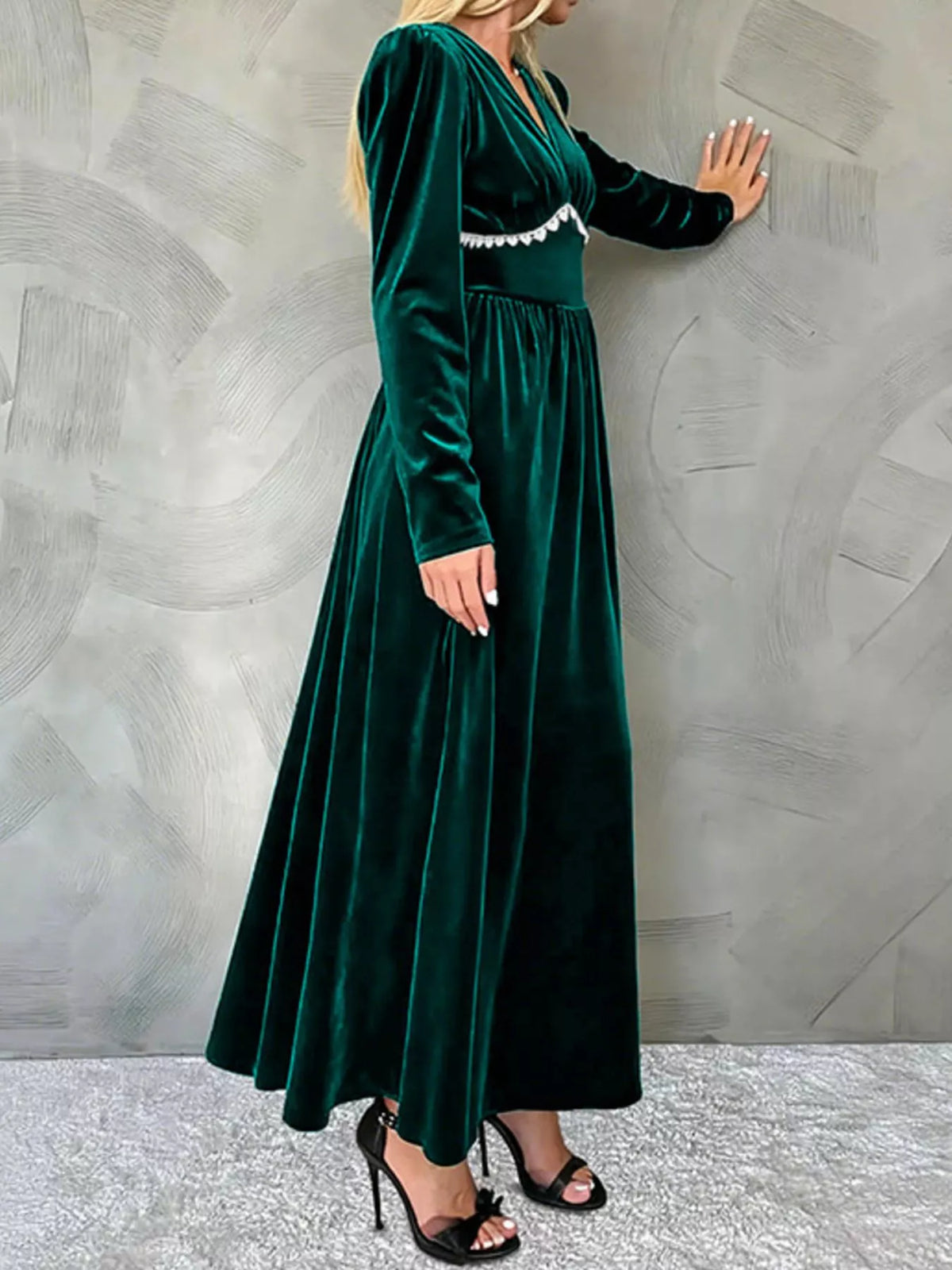 Velvet V-Neck Long Sleeve Lace Trim Empire Waist Maxi Dress 5