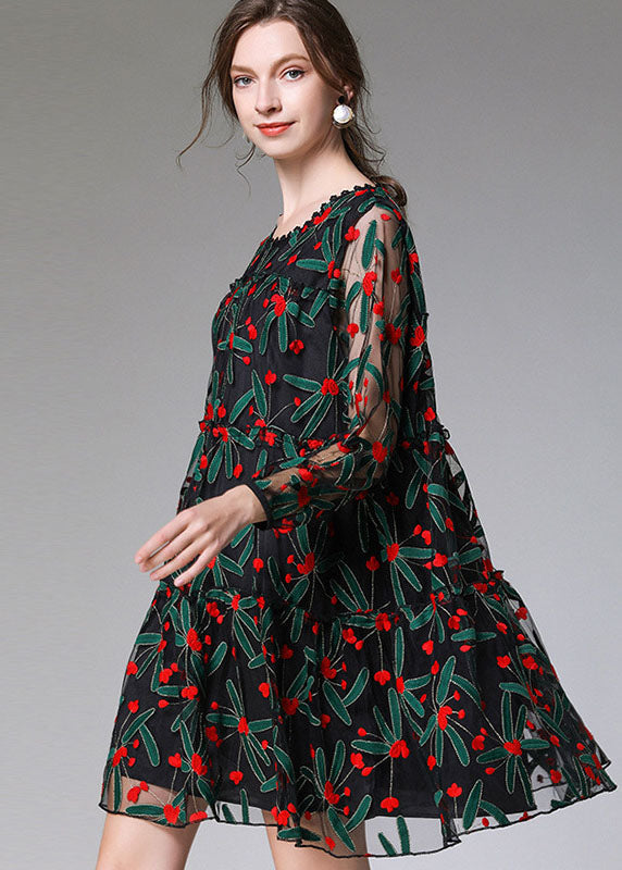 Floral Embroidered Mesh Overlay Long Sleeve Tiered Ruffle A-Line Mini Dress