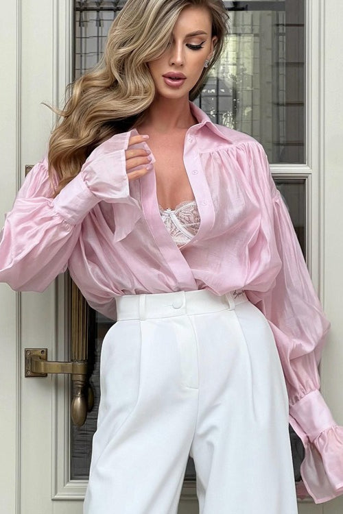 Collared Balloon Sleeve Ruffle Cuff Button Front Oversized Blouse