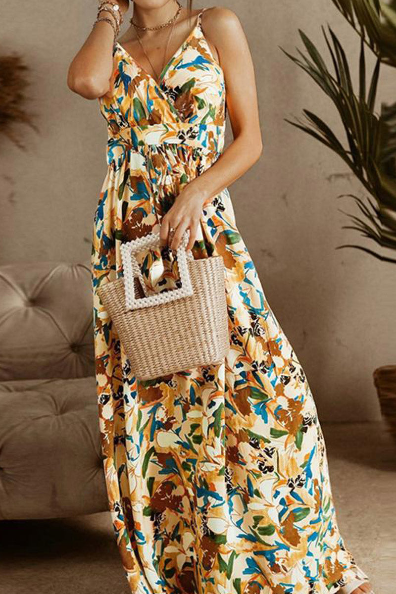 Tropical Leaf Print V-Neck Spaghetti Strap Maxi Dress 5