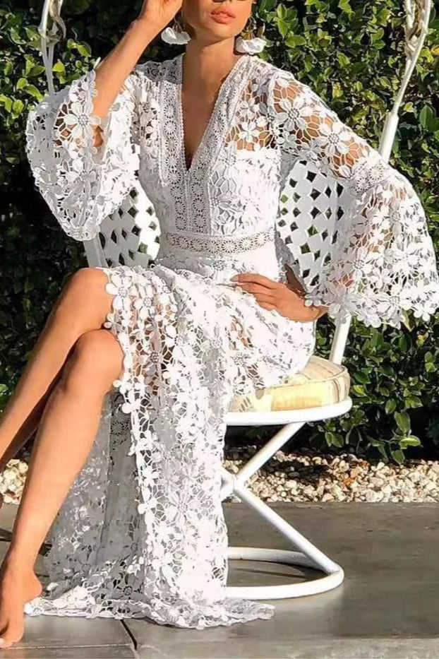 Backless Tailored Lace Flare Maxi Boho Dress