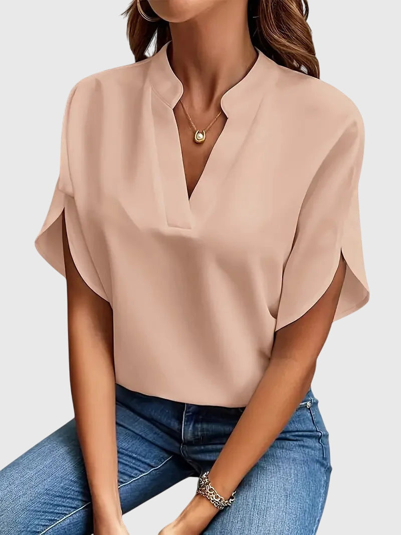 Split Neck Short Dolman Sleeve Satin Blouse