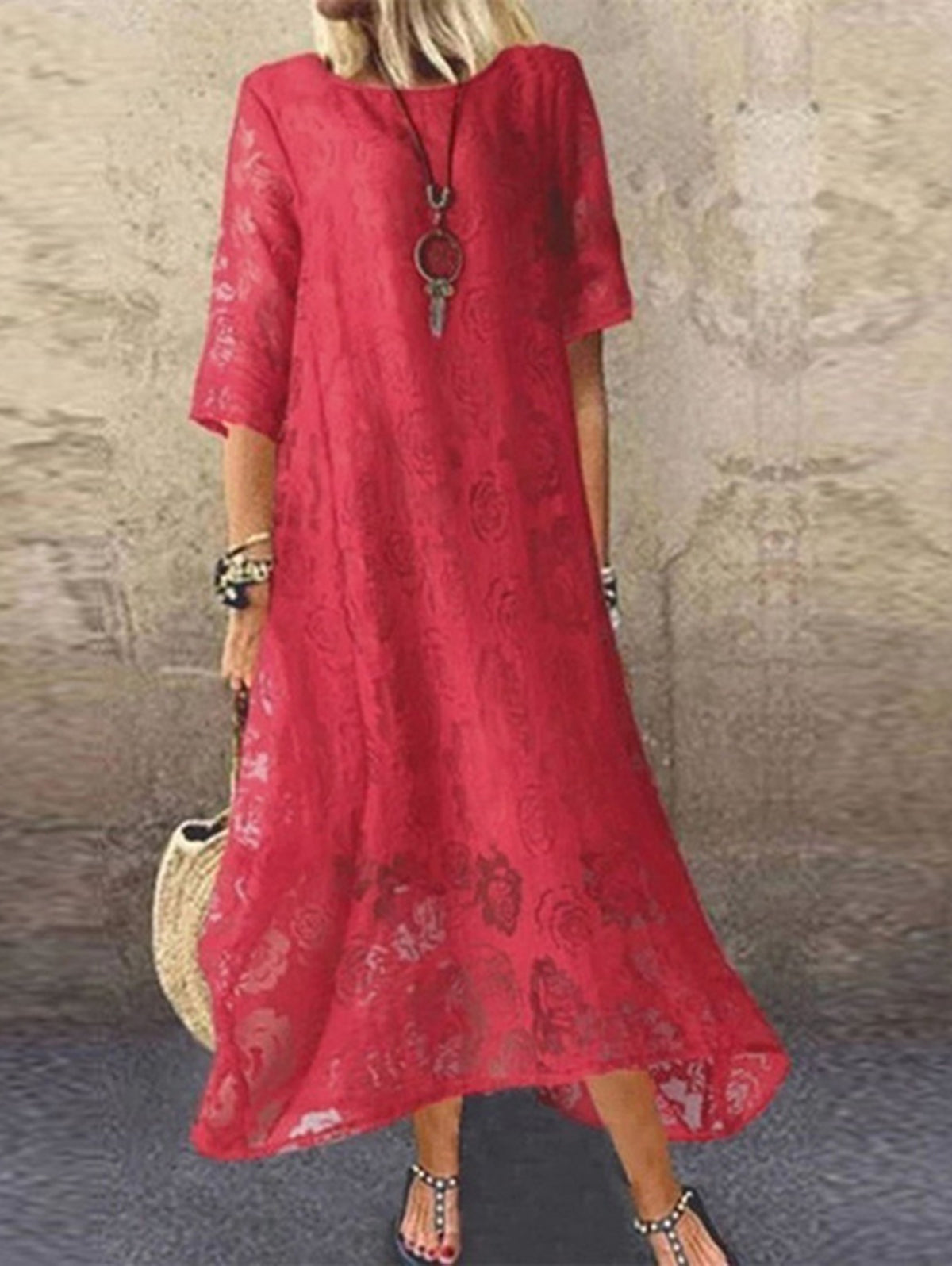 White Crew Neck Lace Splicing Maxi Dress Half Sleeve - View 2