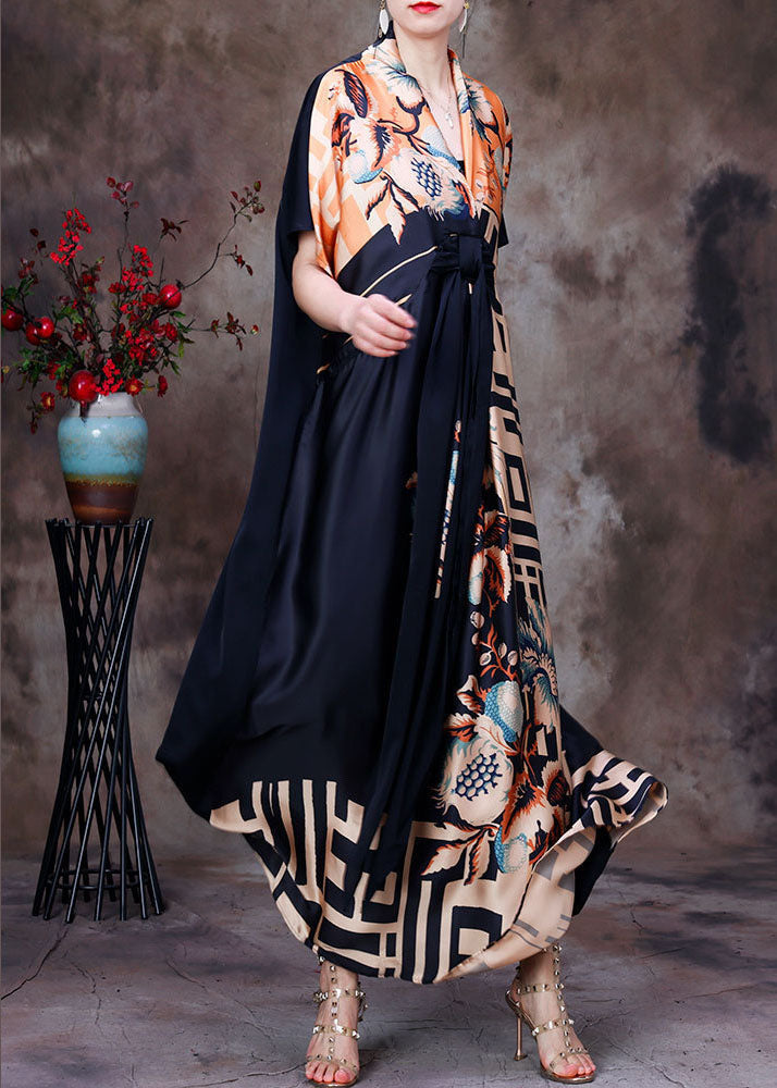 Satin Mixed Print Wrap Deep V-Neck Short Sleeve Tie Waist Maxi Dress