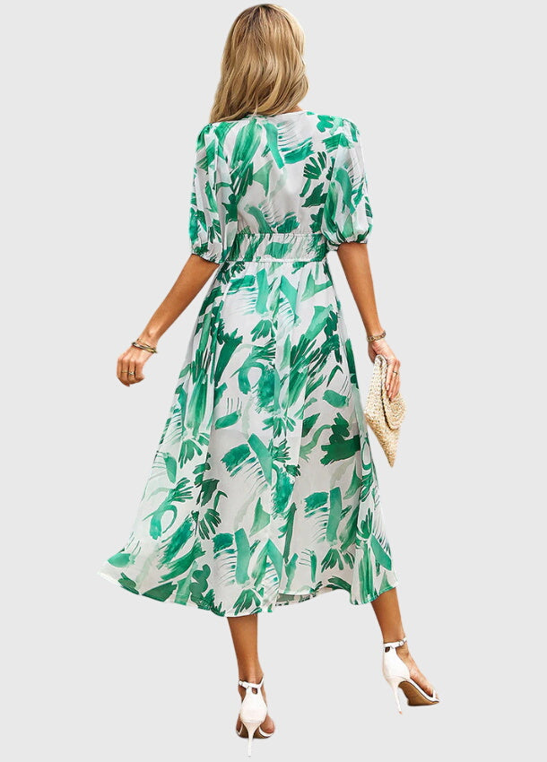 Floral Chiffon Deep V-Neck Puff Sleeve Smocked Maxi Dress 10