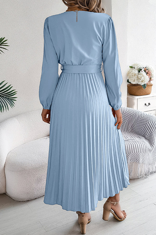 Solid Color Elegant V-neck Buttoned Lace-up Pleated Maxi Dress - View 15