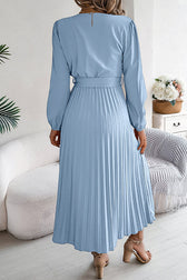 Solid Color Elegant V-neck Buttoned Lace-up Pleated Maxi Dress - View 15
