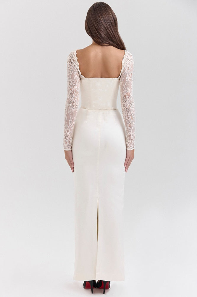 Lace Trim Satin Backless Long Sleeve Fit Lace Dress