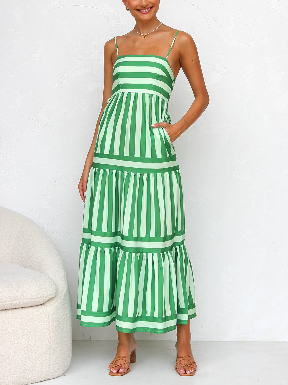 Striped Square Neck Spaghetti Strap Tiered Pocket Maxi Dress