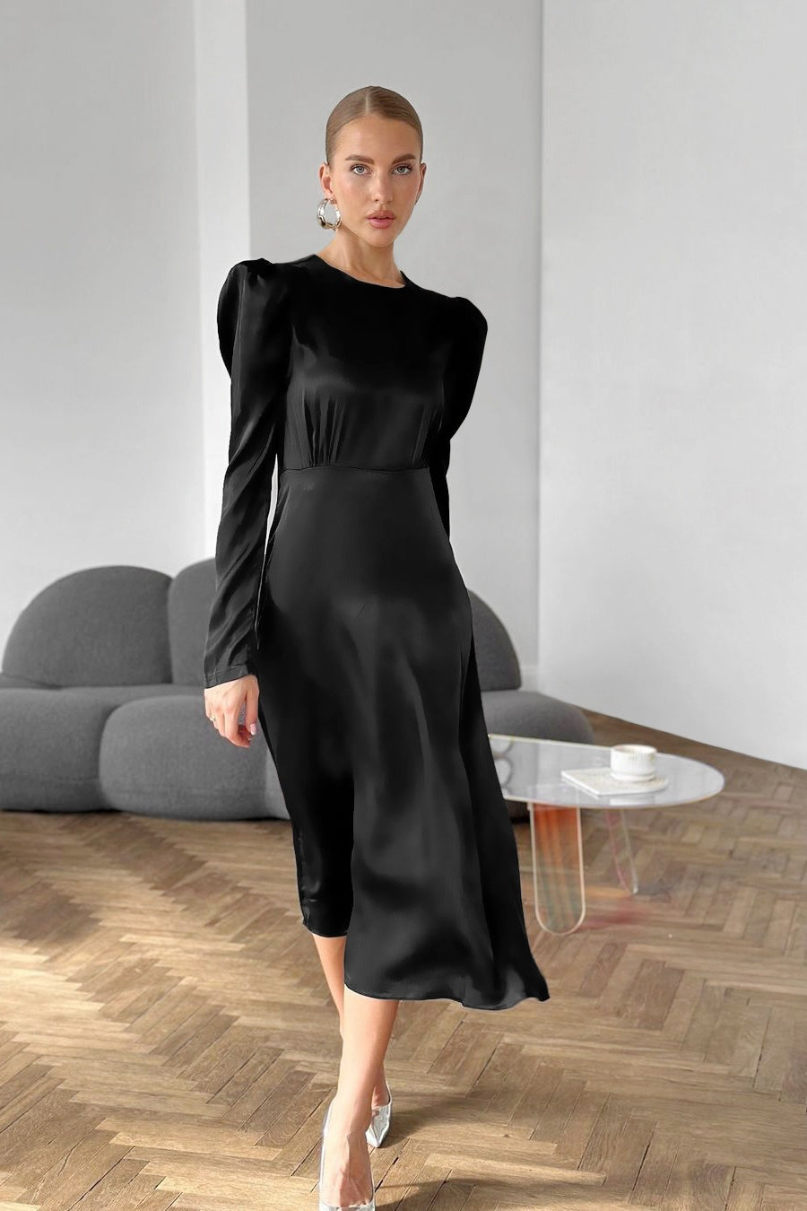 Satin Crew Neck Puff Shoulder Long Sleeve A-Line Midi Dress