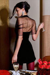 Sheer Mesh Sleeve Sweetheart A Line Mini Dress