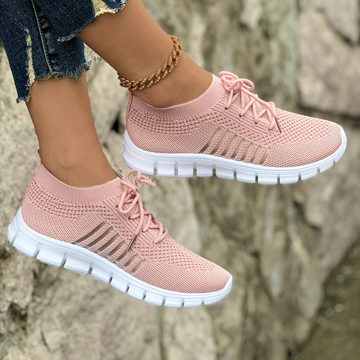 Knit Mesh Lace Up Low Top Sneakers
