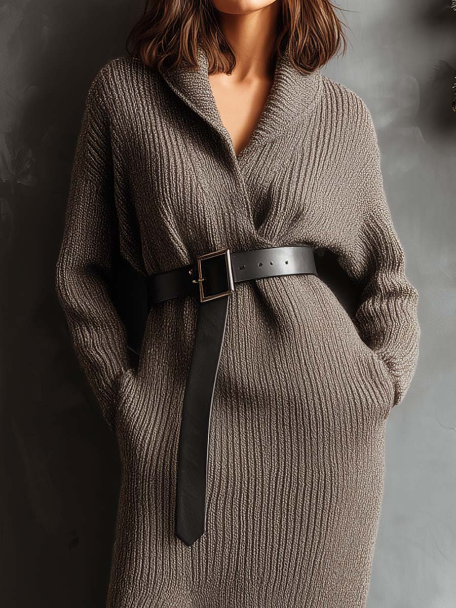 Ribbed Knit V-Neck Midi Dress With Belt - FashionAxe