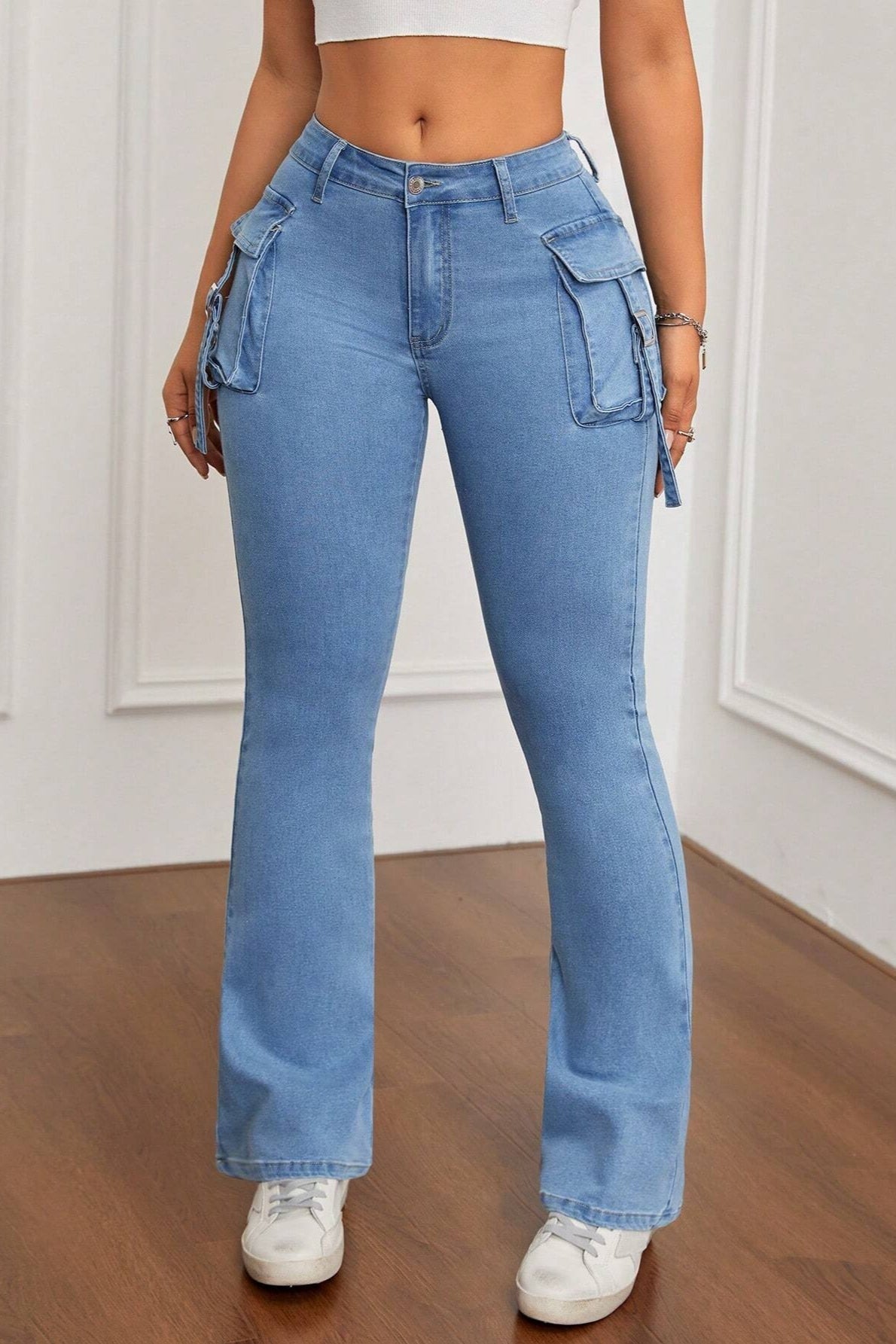 High Waist Cargo Flap Pocket Slim Fit Flare Leg Jeans 2