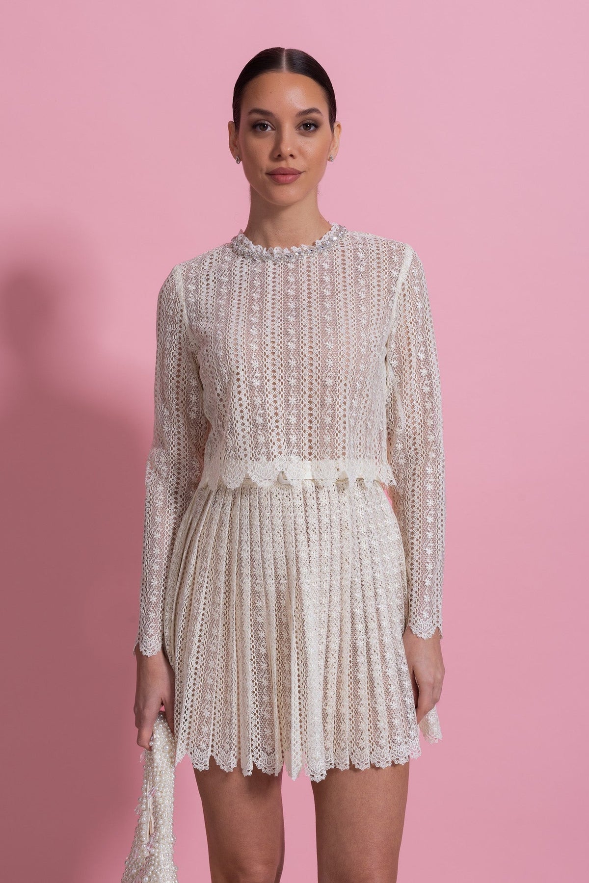 Crochet Lace High Neck Long Sleeve Pleated Scalloped Hem Mini Dress 4