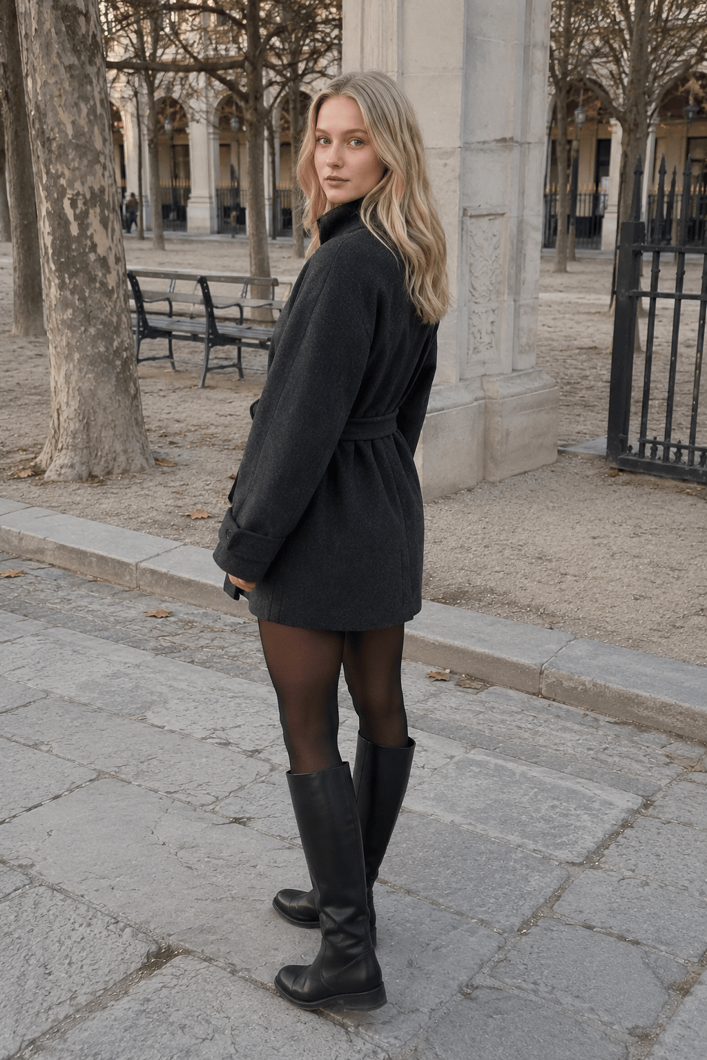 High Neck Belted Button Front Wool Look Short Coat 3