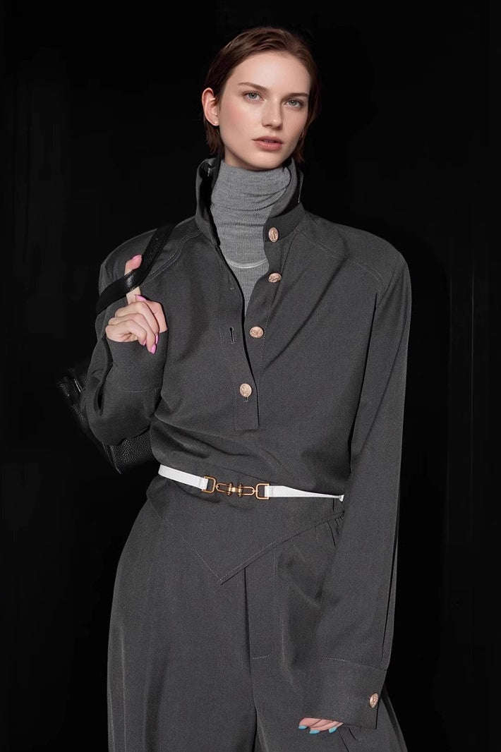 Collared Long Sleeve Shirt and Pleated Wide Leg Pants Two Piece Set 4
