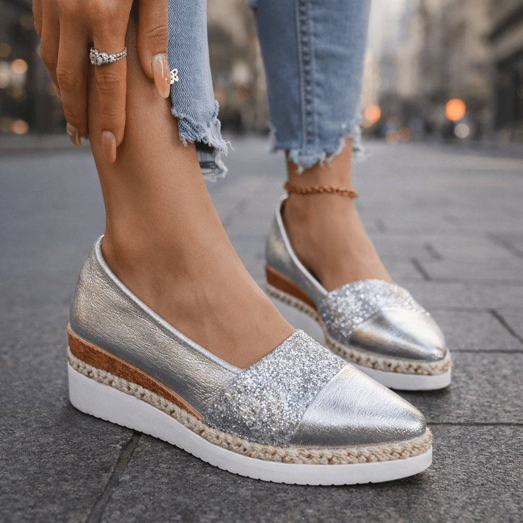 Glitter Cap Toe Slip On Espadrille Wedge Flats