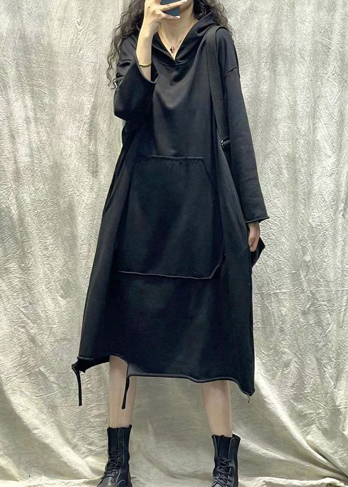 Hooded Long Sleeve Kangaroo Pocket Raw Hem Distressed Sweatshirt Dress