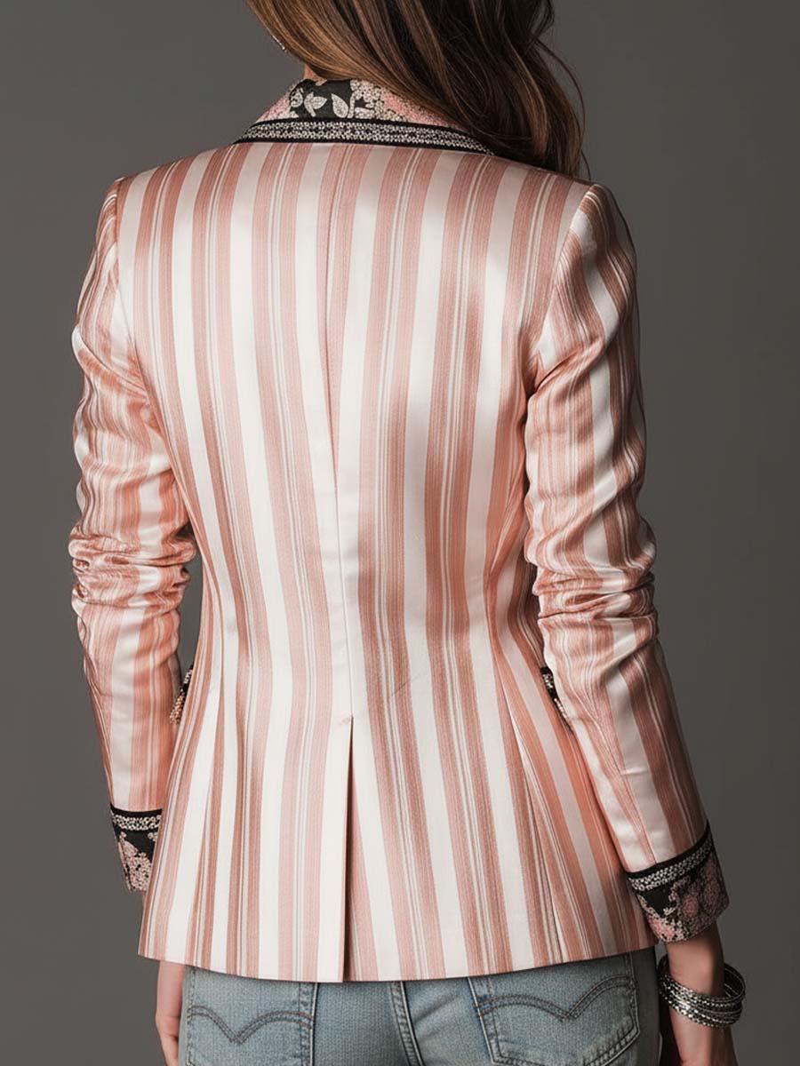 Striped Satin Floral Contrast Lapel Blazer