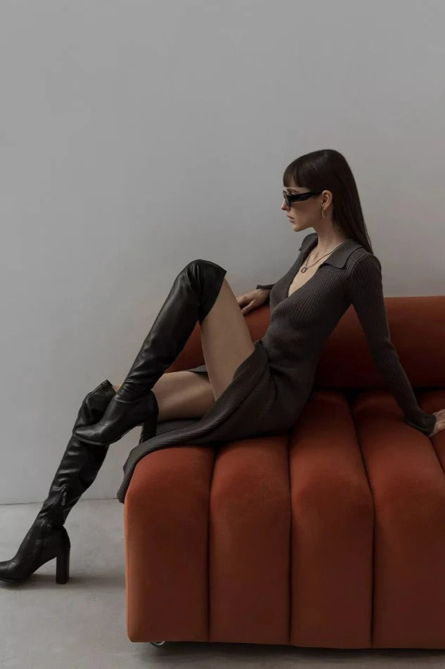 Belted Long Sleeve Solid Knit Sweater Dress