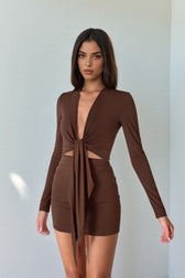 Square Neck Lace Trim Mini Dress in Brown - View 3