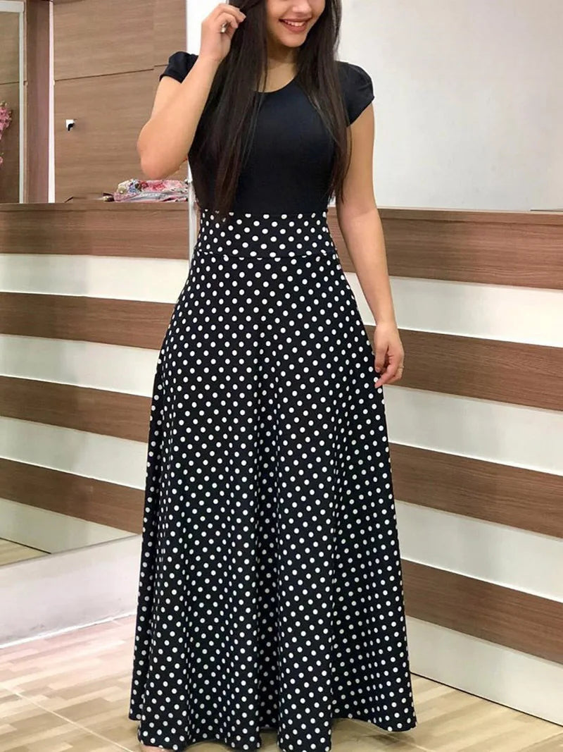 Color Block Floral Short Sleeve Midi Dress