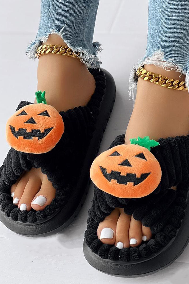 Halloween-Themed Cross Strap Fuzzy Slippers Featuring Pumpkin Patterns