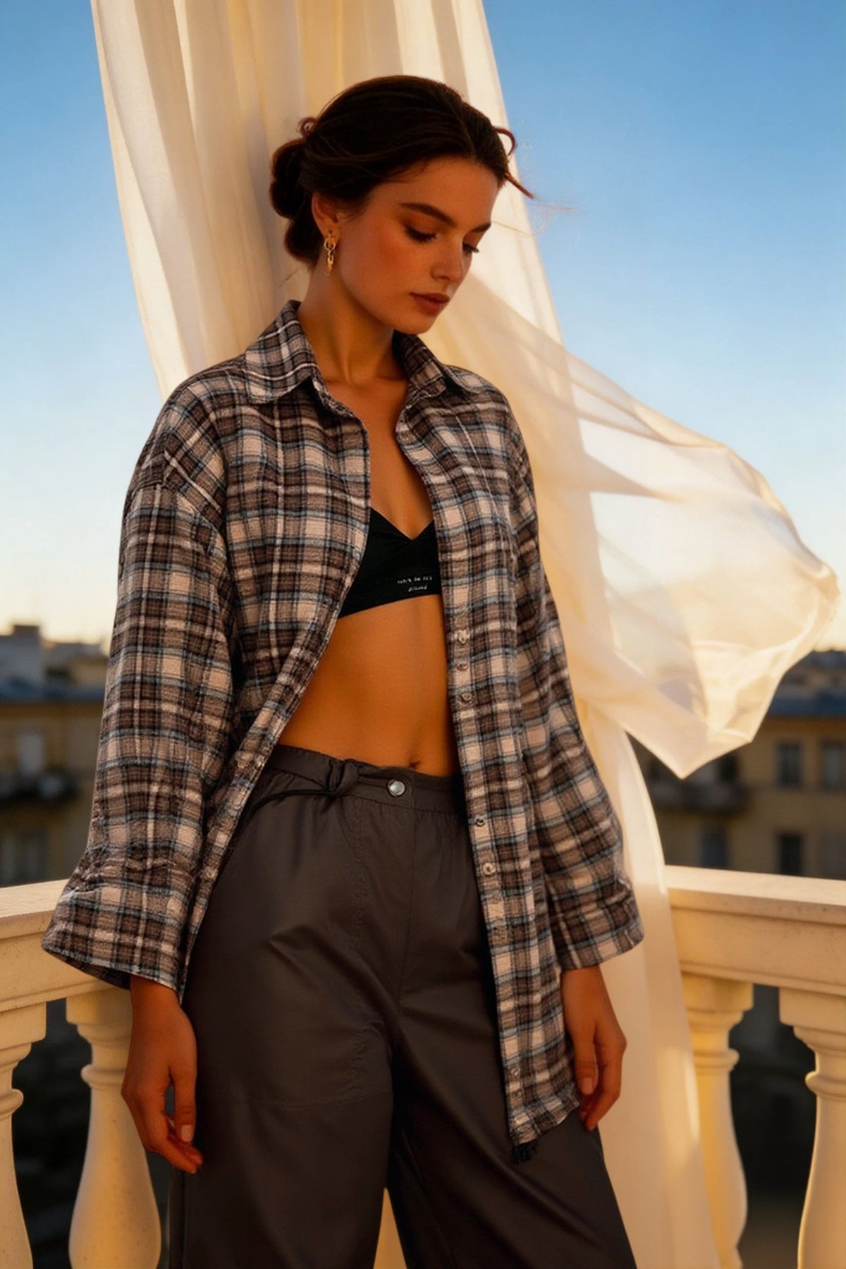 Plaid Collared Long Sleeve Button Front Oversized Curved Hem Shirt 3