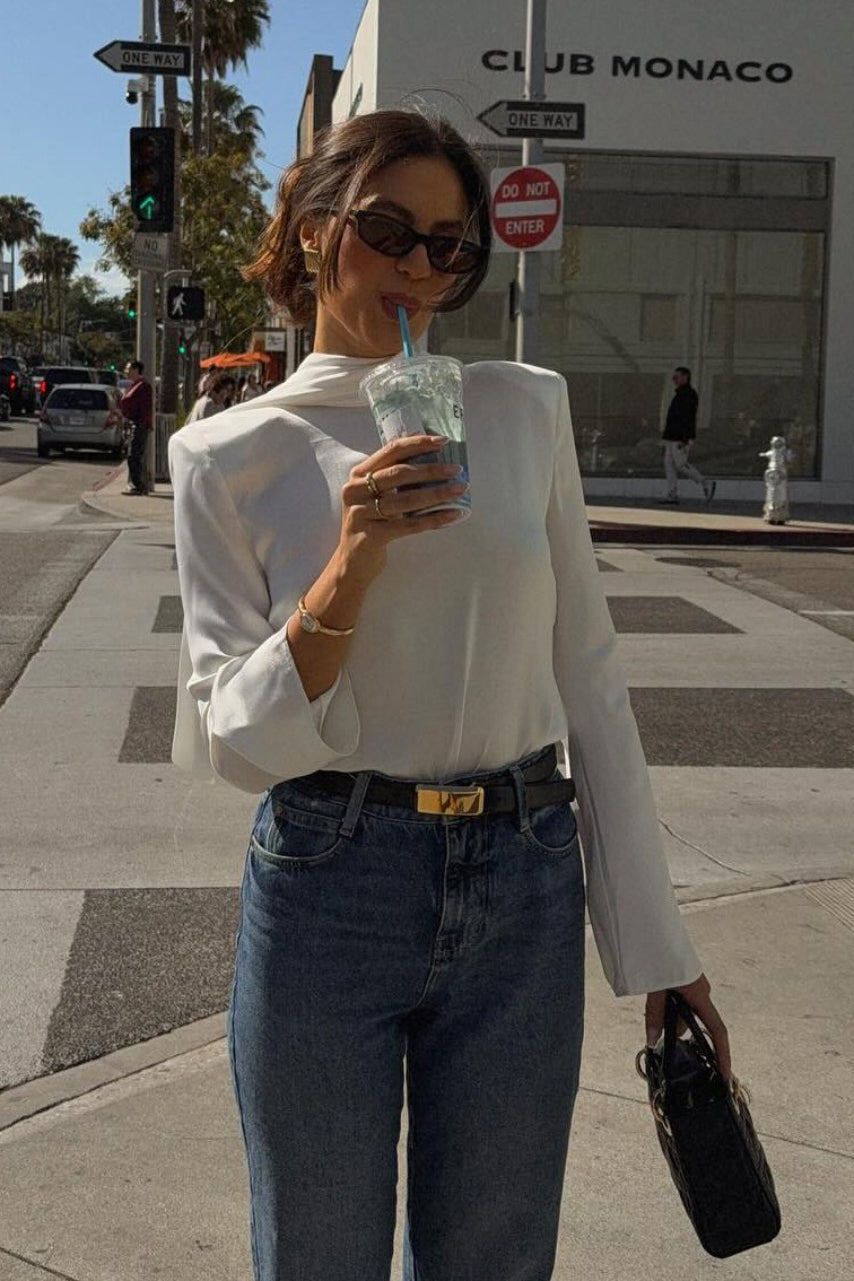 Mock Neck Long Sleeve Wide Cuff Relaxed Blouse
