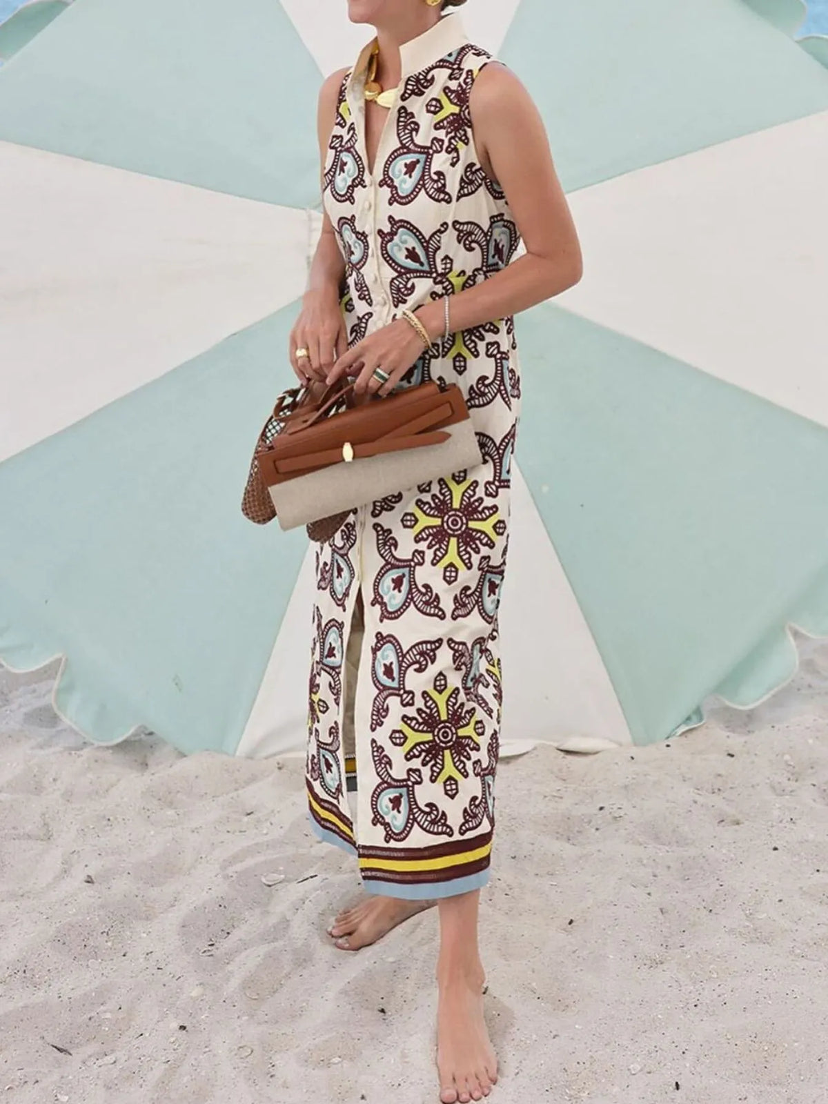Tile Print Collared Sleeveless Button Front Maxi Shirt Dress 2