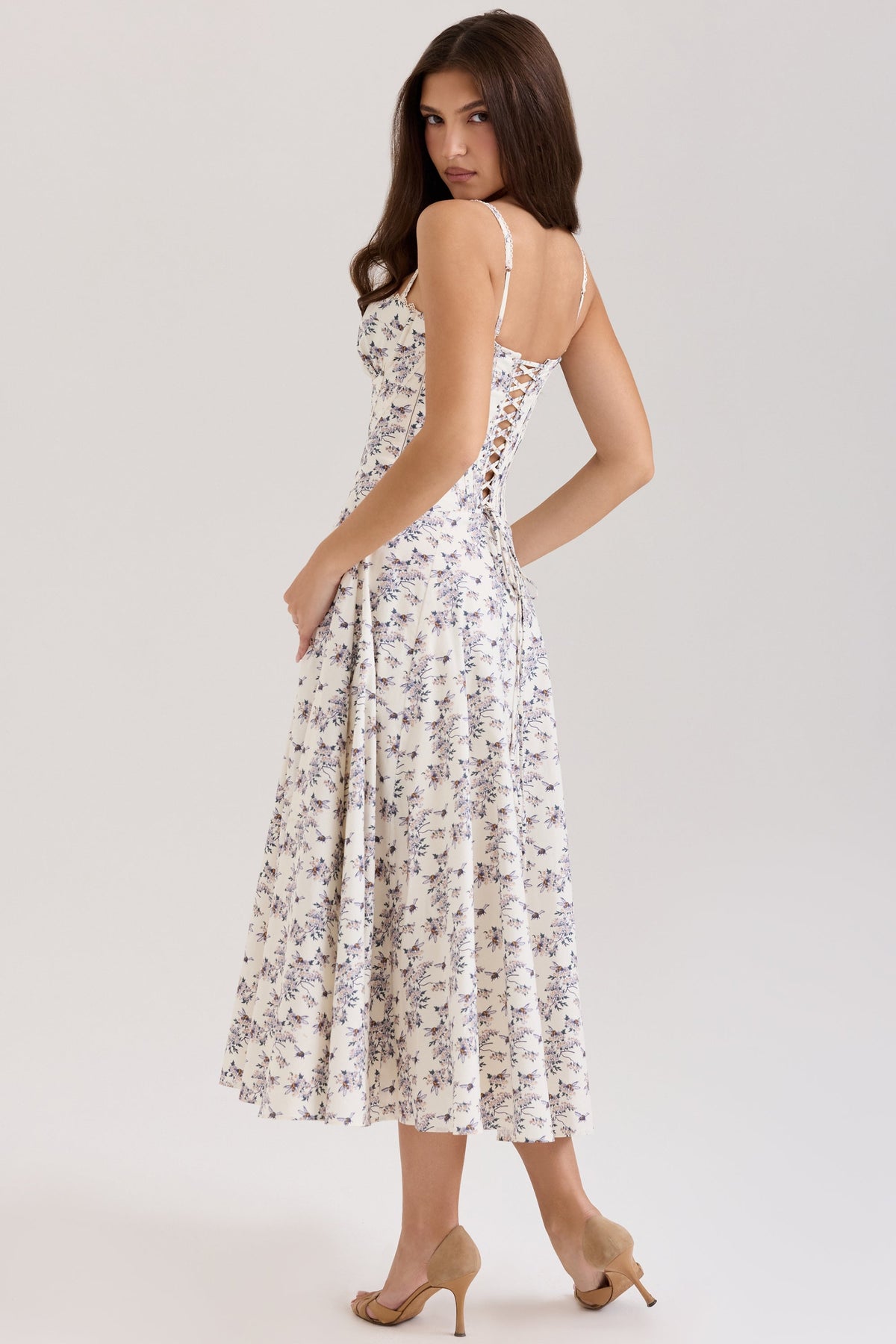 Floral Print Lace Trim Sweetheart Corset Bodice A-Line Midi Dress 2