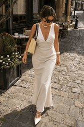 Deep V Back Lace Up Sleeveless Slip Dress