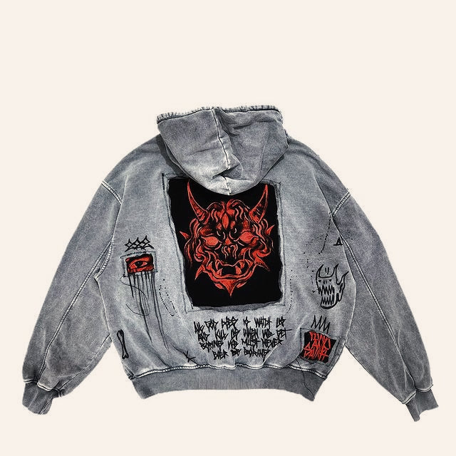 Heavy Washed Demon Print Hoodie