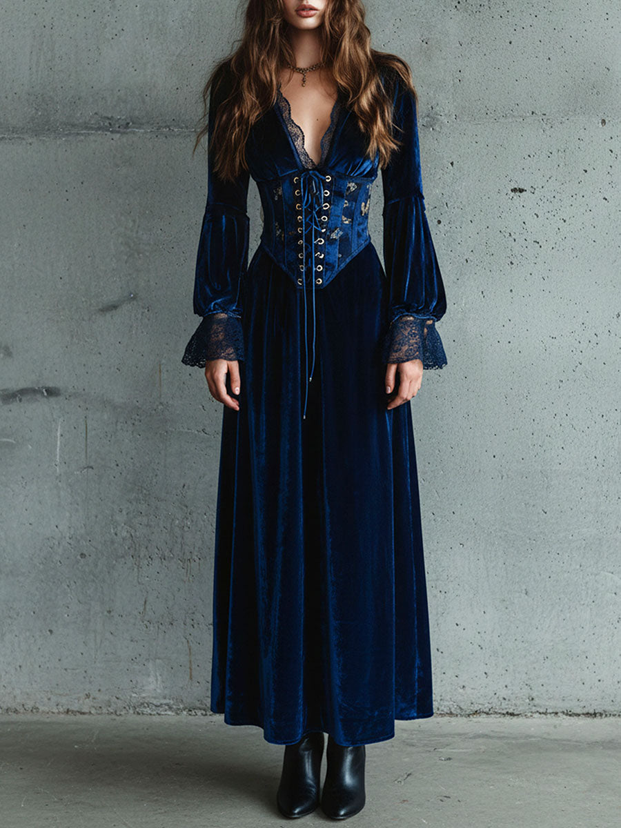Deep Blue Velvet Corset Lace-Up Bodice Gown
