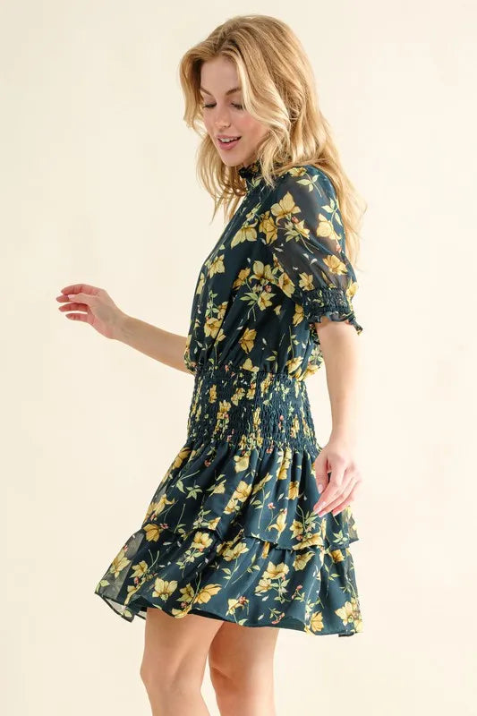 Floral Print Mock Neck Puff Sleeve Smocked Waist Tiered Mini Dress 3