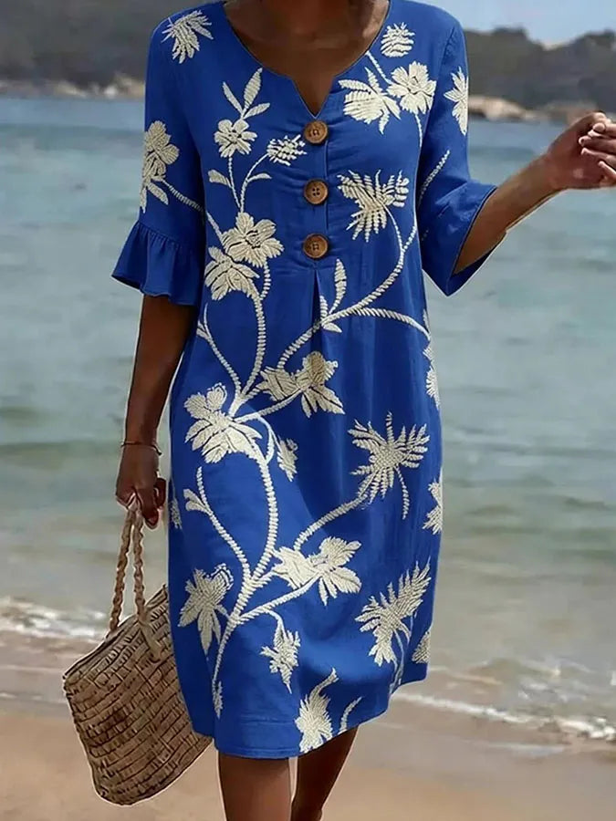 Floral Print V-Neck Ruffle Sleeve Button Front Midi Dress