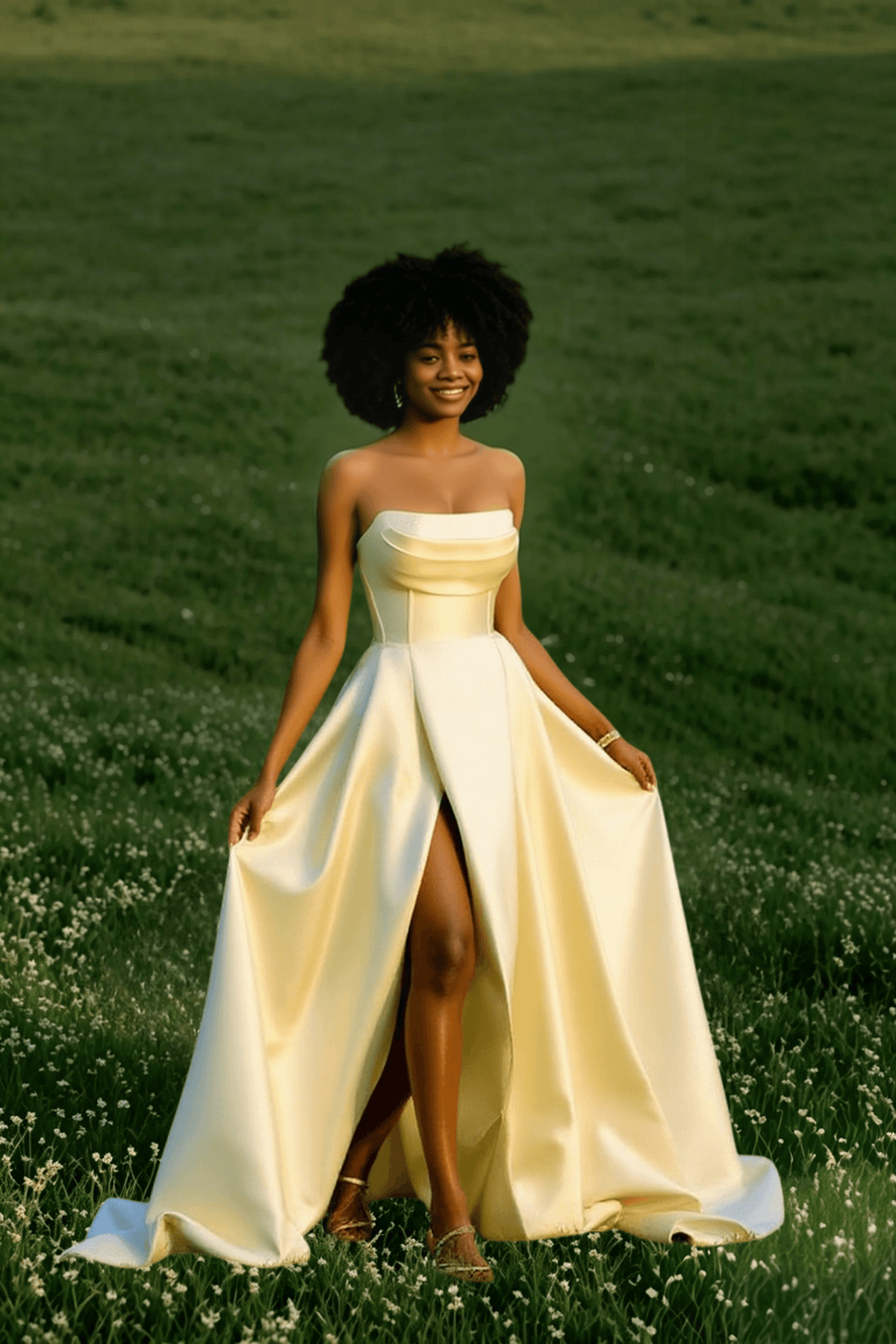 Strapless Satin Corset Bodice High Split Ball Gown