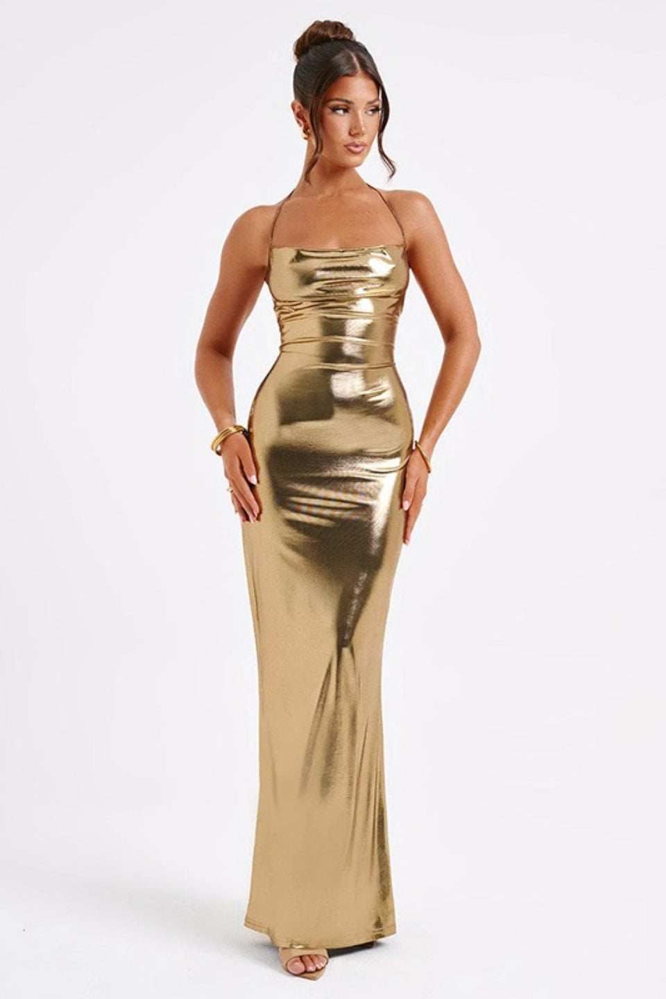Metallic Spaghetti Strap Ruched Bodycon Fishtail Maxi Dress