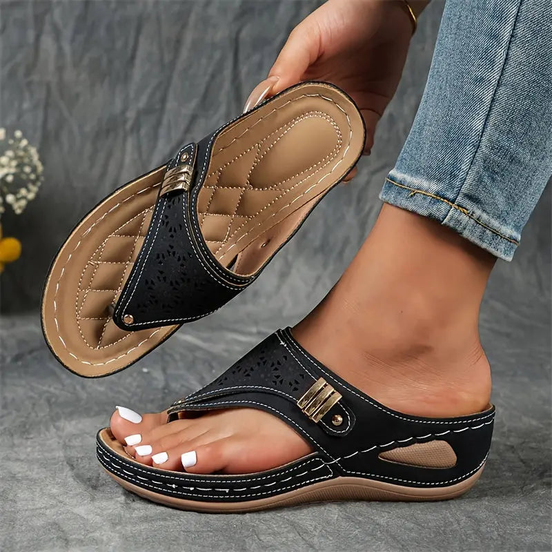 Cut Out Floral Thong Wedge Sandals